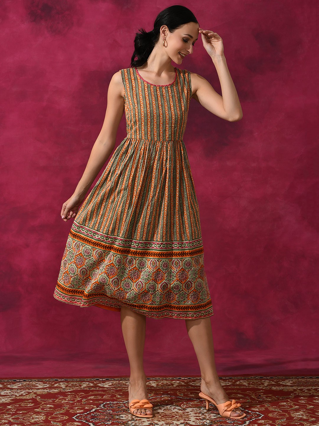 

AKS Ethnic Motifs Printed A-Line Cotton Midi Dress, Cream
