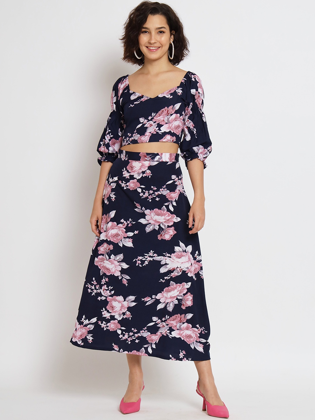 

Nimayaa Floral Printed Puff Sleeve Square Neck Skirt Co-Ords Set, Blue