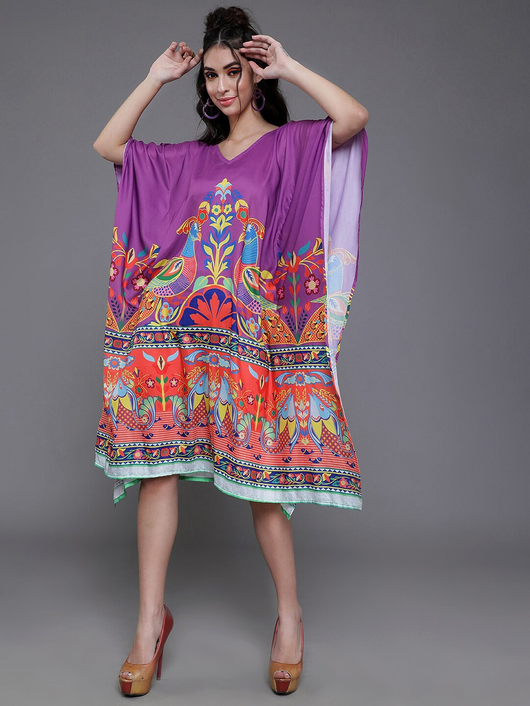 

AKS Ethnic Motifs Printed Kimono Sleeve Kaftan Dress, Purple