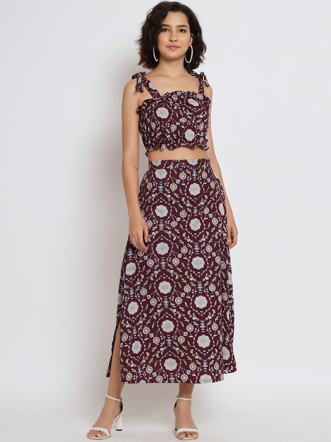 

Nimayaa Floral Printed Shoulder Straps Top with Skirt, Purple