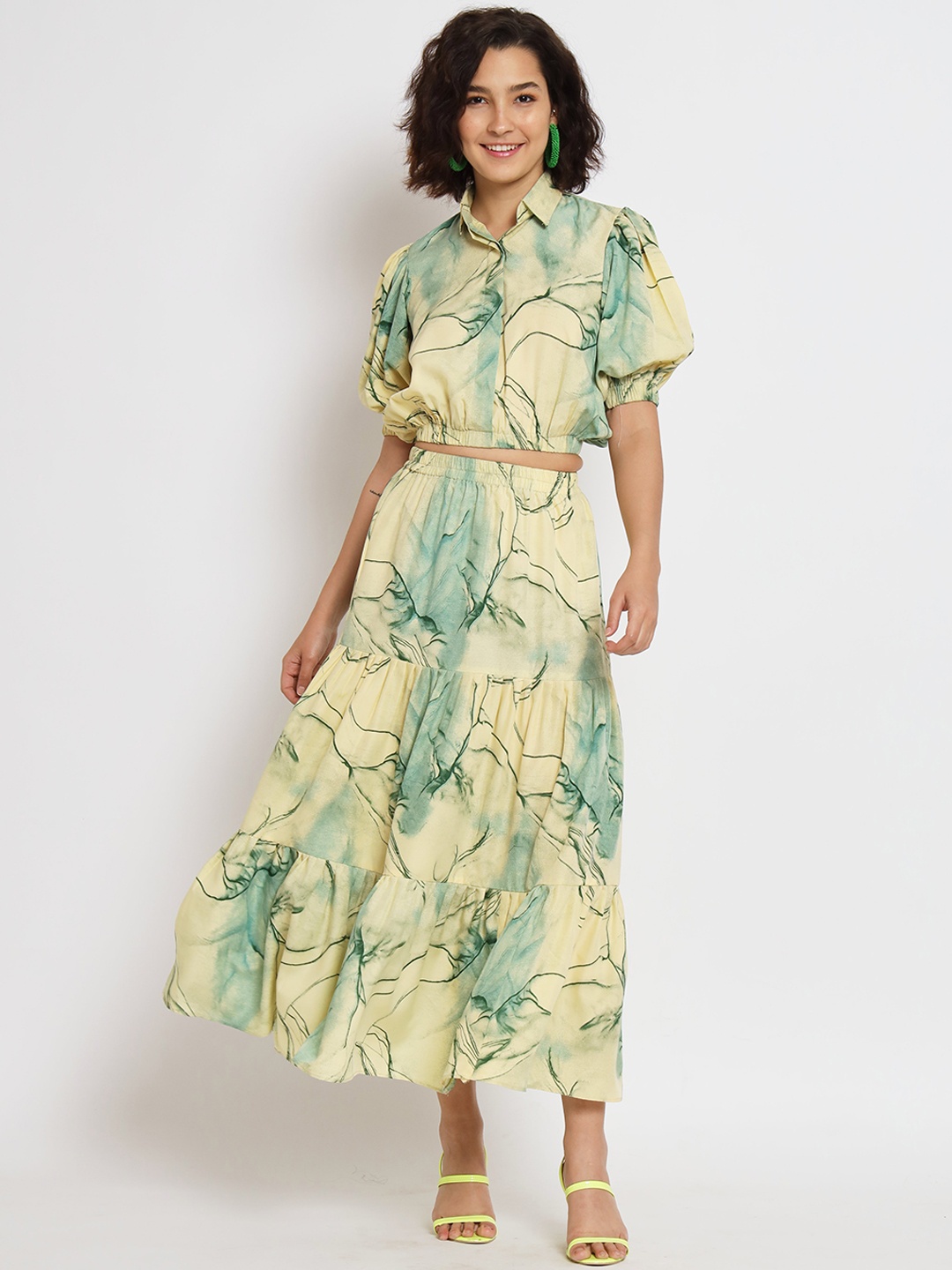 

Nimayaa Tie Dye Printed Shirt Collar Top & Layered Skirt Co-ords Set, Green