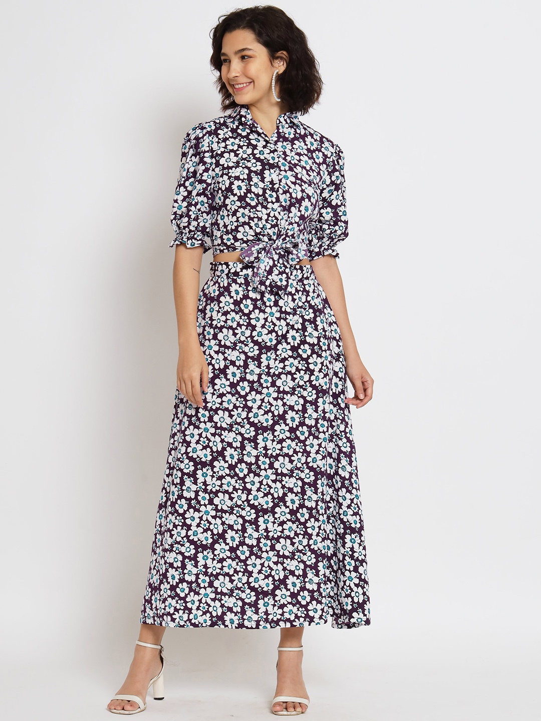 

Nimayaa Floral Printed Shirt Collar Puff Sleeve Co-ords Set, Purple
