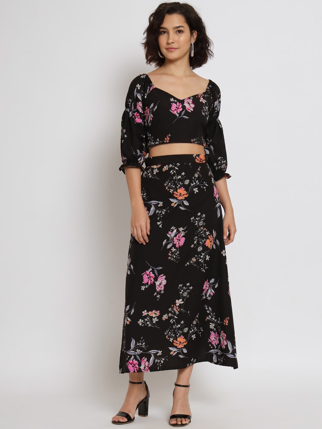 

Nimayaa Floral Printed Top With Skirt, Black