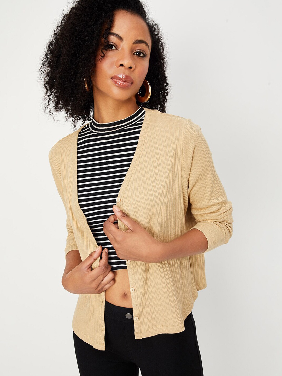

max V-Neck Striped Cardigan, Beige