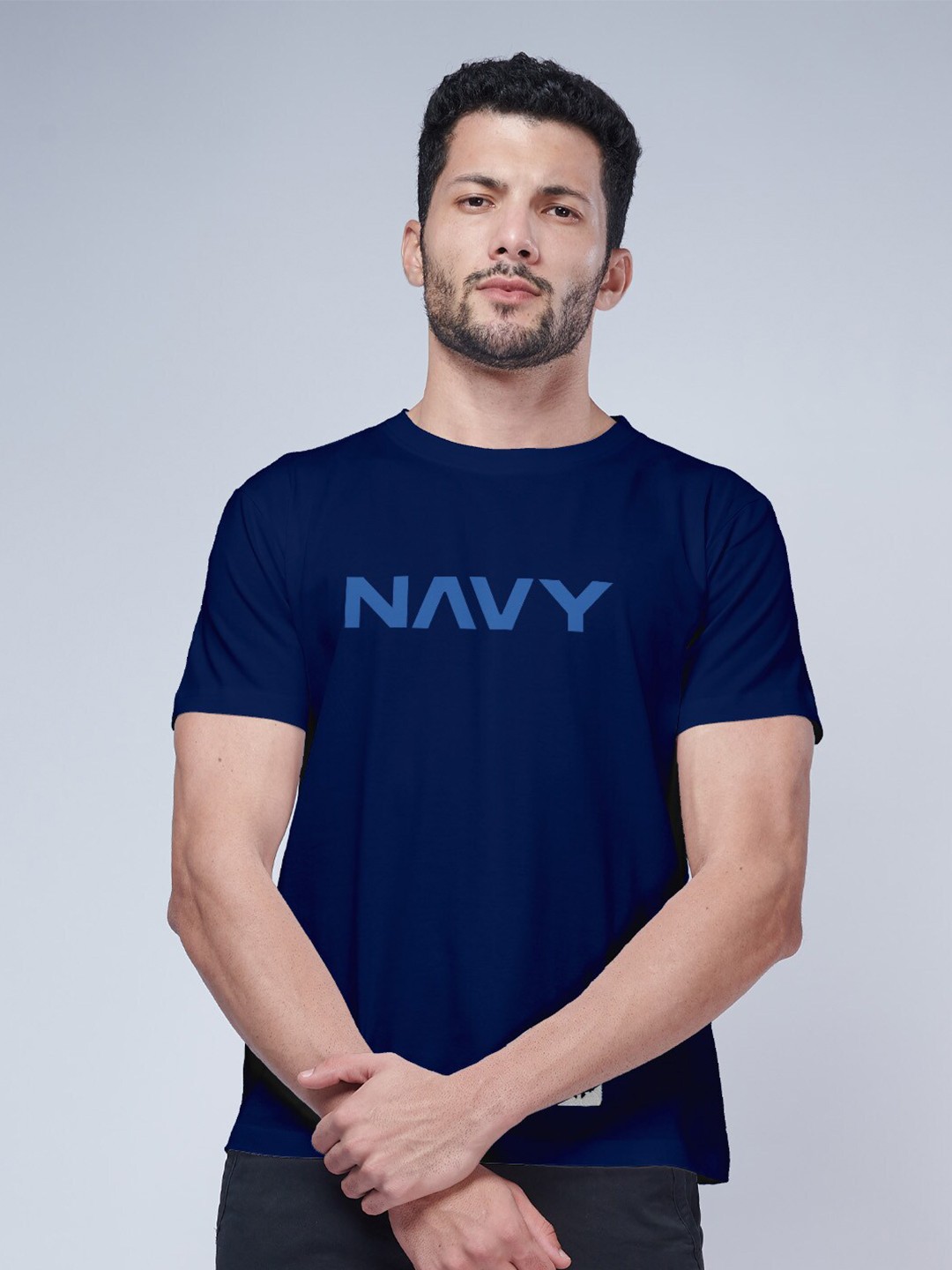 

Aero Armour Typography Printed Round Neck Regular Fit Cotton Casual Shirt, Navy blue