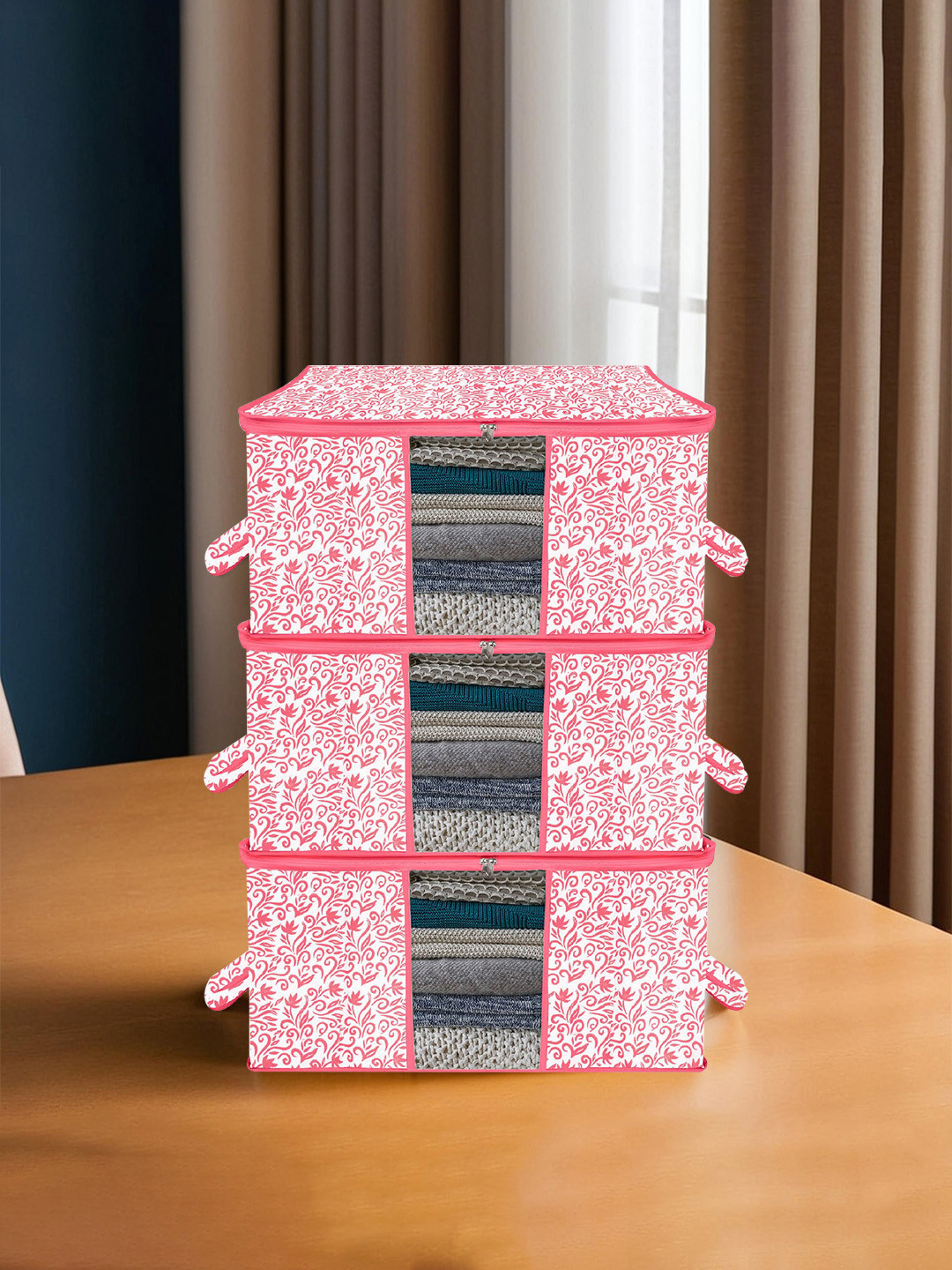 

Kuber Industries Pink & White 3 Pieces Printed Large Underbed Storage Bag