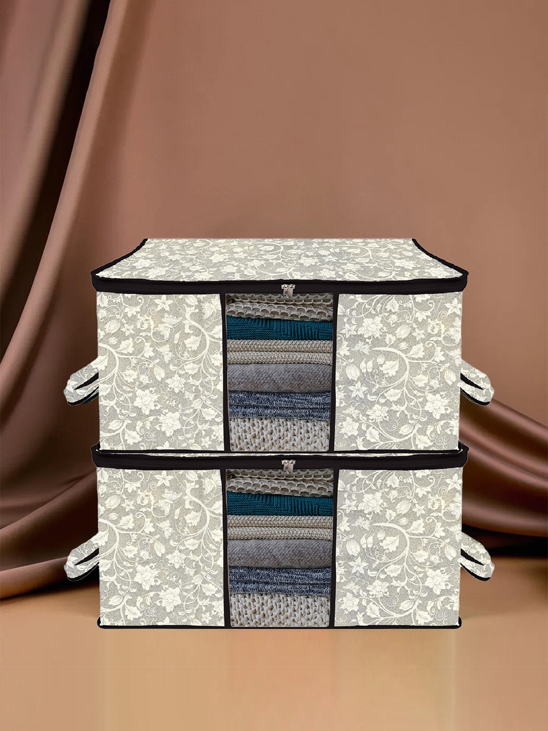 

Kuber Industries Grey & White 2 Pieces Printed Large Underbed Storage Bag