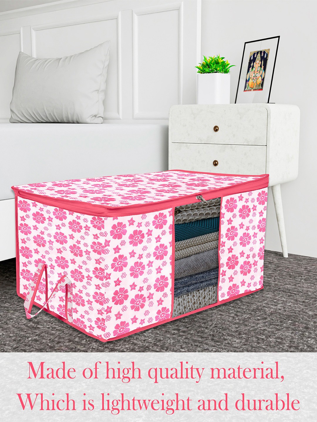 

Kuber Industries Pink & White 3 Pieces Printed Large Underbed Storage Bag