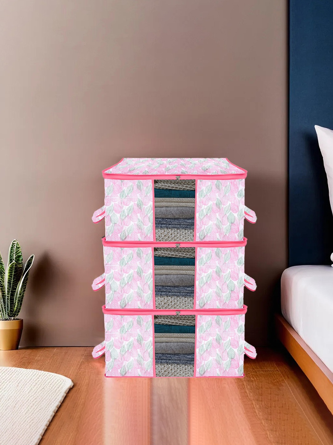 

Kuber Industries Pink 3 Pieces Printed Underbed Storage Bag Organisers
