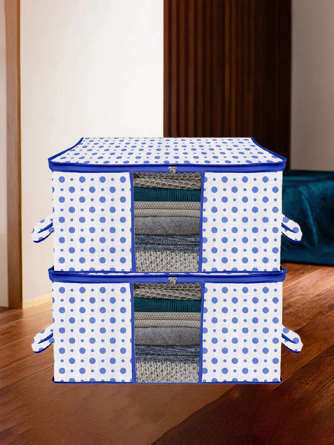 

Kuber Industries White & Blue 2 Pieces Printed Underbed Storage Bag Organisers