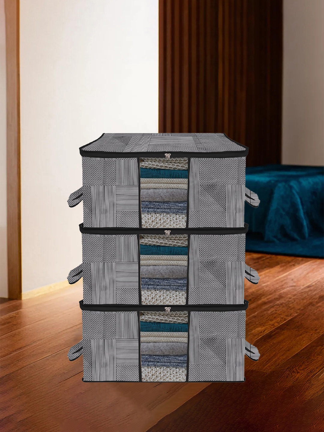 

Kuber Industries Grey 3 Pieces Printed Underbed Storage Bag