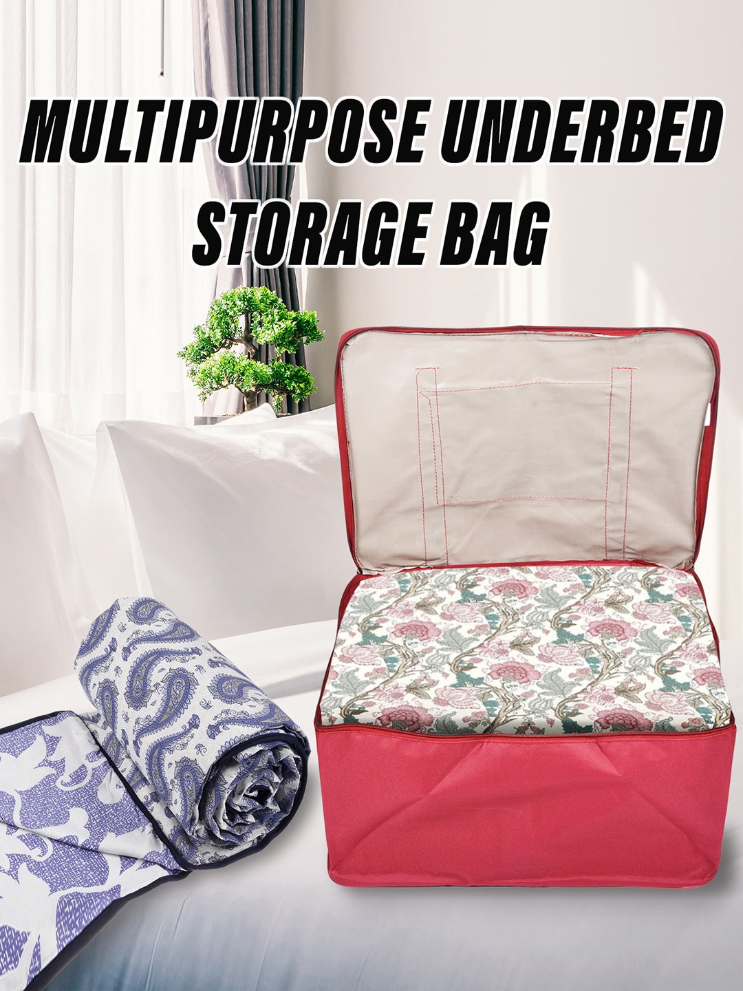 

Kuber Industries Maroon & Beige Underbed Storage Bag With Handle