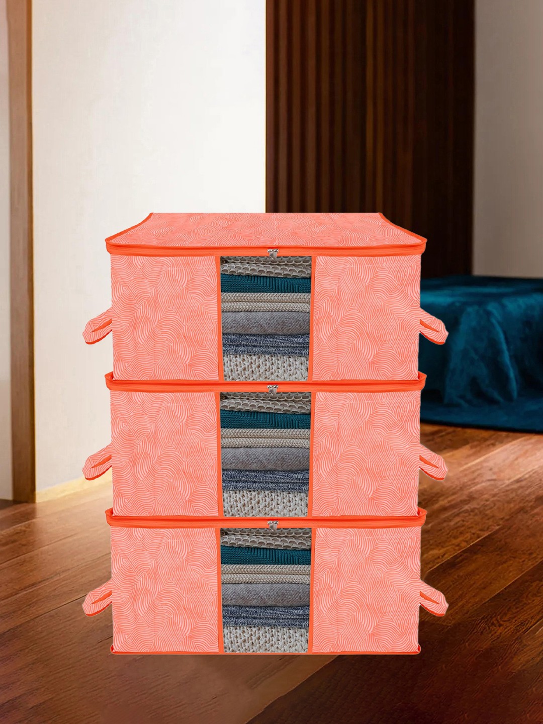 

Kuber Industries Orange-Colored 3-Pieces Printed Large Underbed Storage Bag