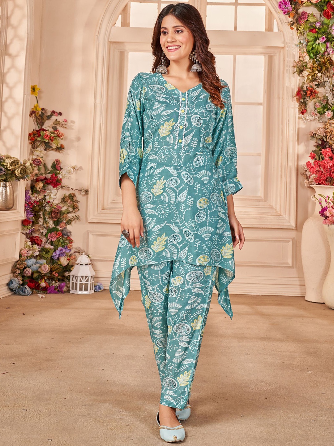 

KALINI Printed V-Neck Tunic & Trousers, Turquoise blue