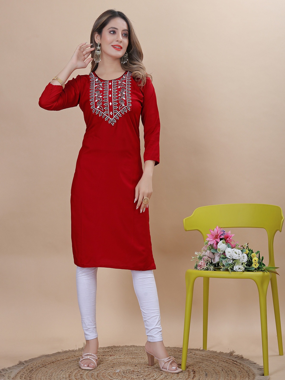 

KALINI Floral Yoke Design Thread Work Kurta, Red