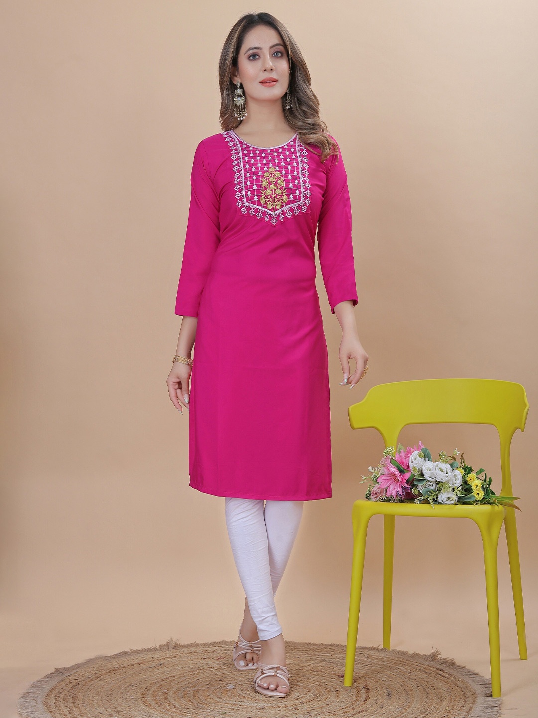 

KALINI Ethnic Motifs Yoke Design Thread Work Kurta, Pink