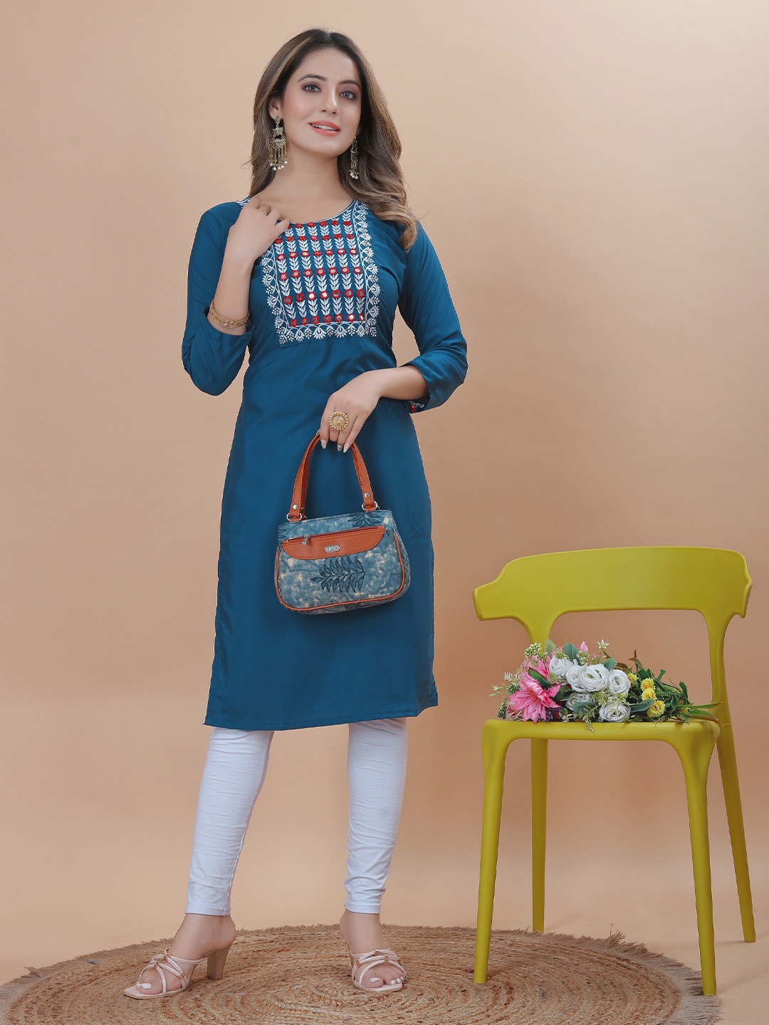

KALINI Floral Embroidered Thread Work Straight Kurta, Blue