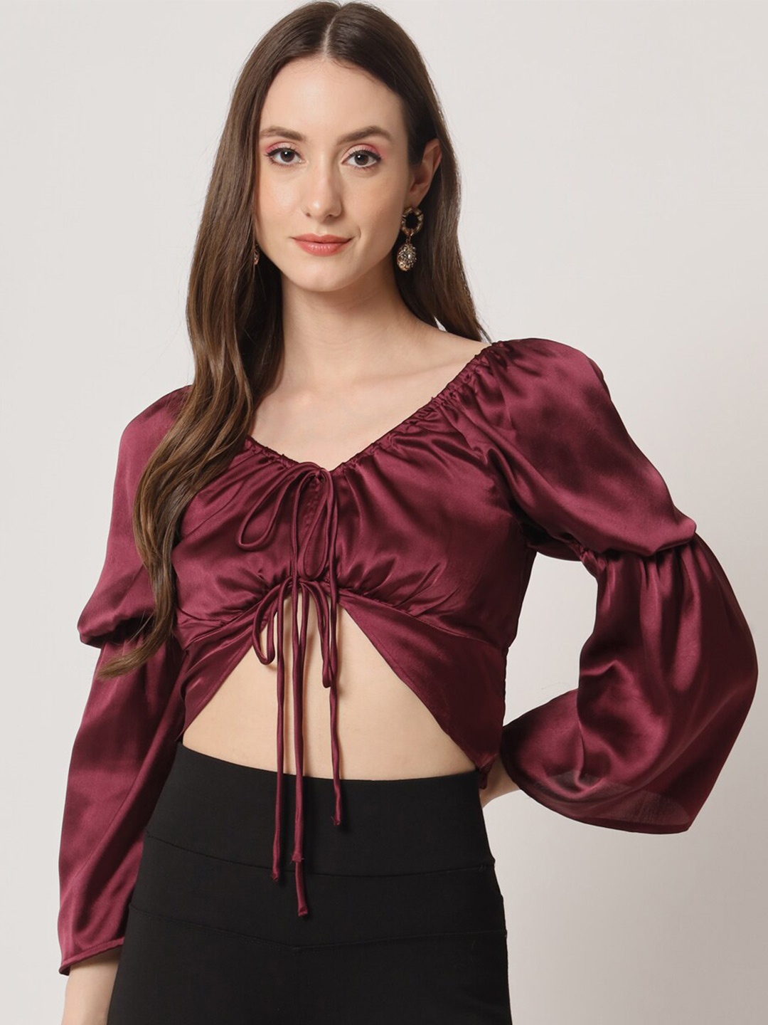 

Trend Arrest Tie-Up Neck Puff Sleeves Blouson Top, Burgundy