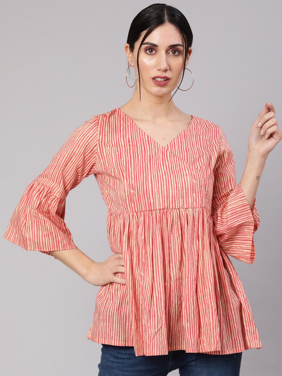 

AKS Stripped V-Neck Bell Sleeves Cotton Tunic, Cream