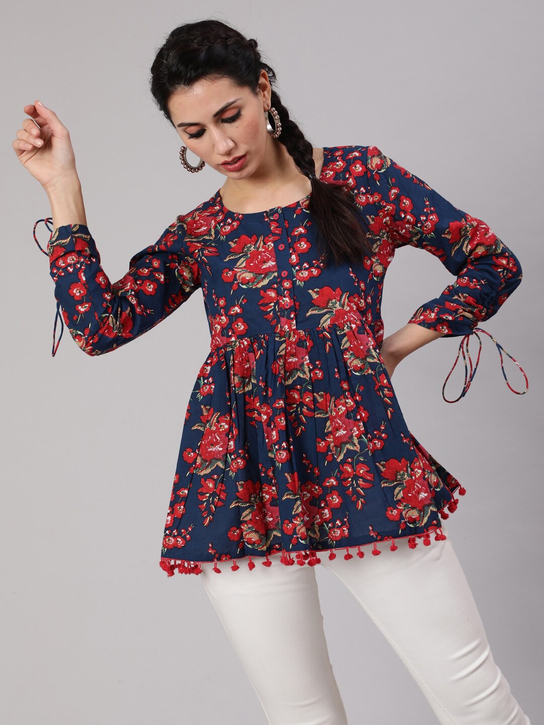 

AKS Floral Printed Gathered Cotton Tunic, Navy blue