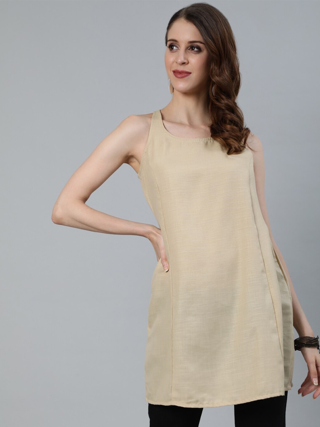 

AKS Round Neck Sleeveless Tunic, Beige