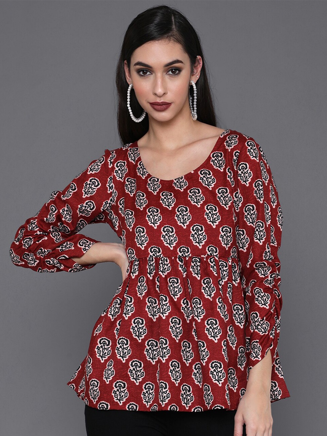 

AKS Floral Printed Round Neck Tunic, Maroon