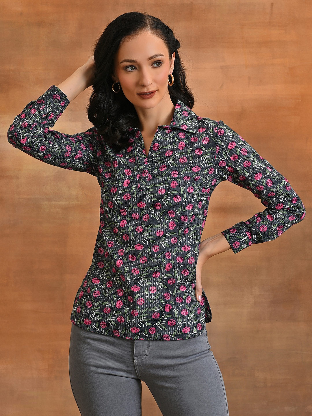 

AKS Floral Printed Shirt Collar Cotton Tunic, Grey