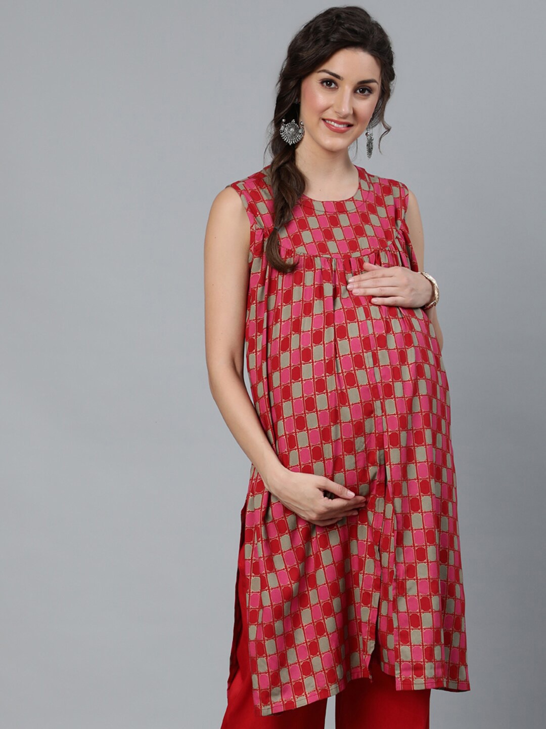 

AKS Checked Maternity Kurta, Red