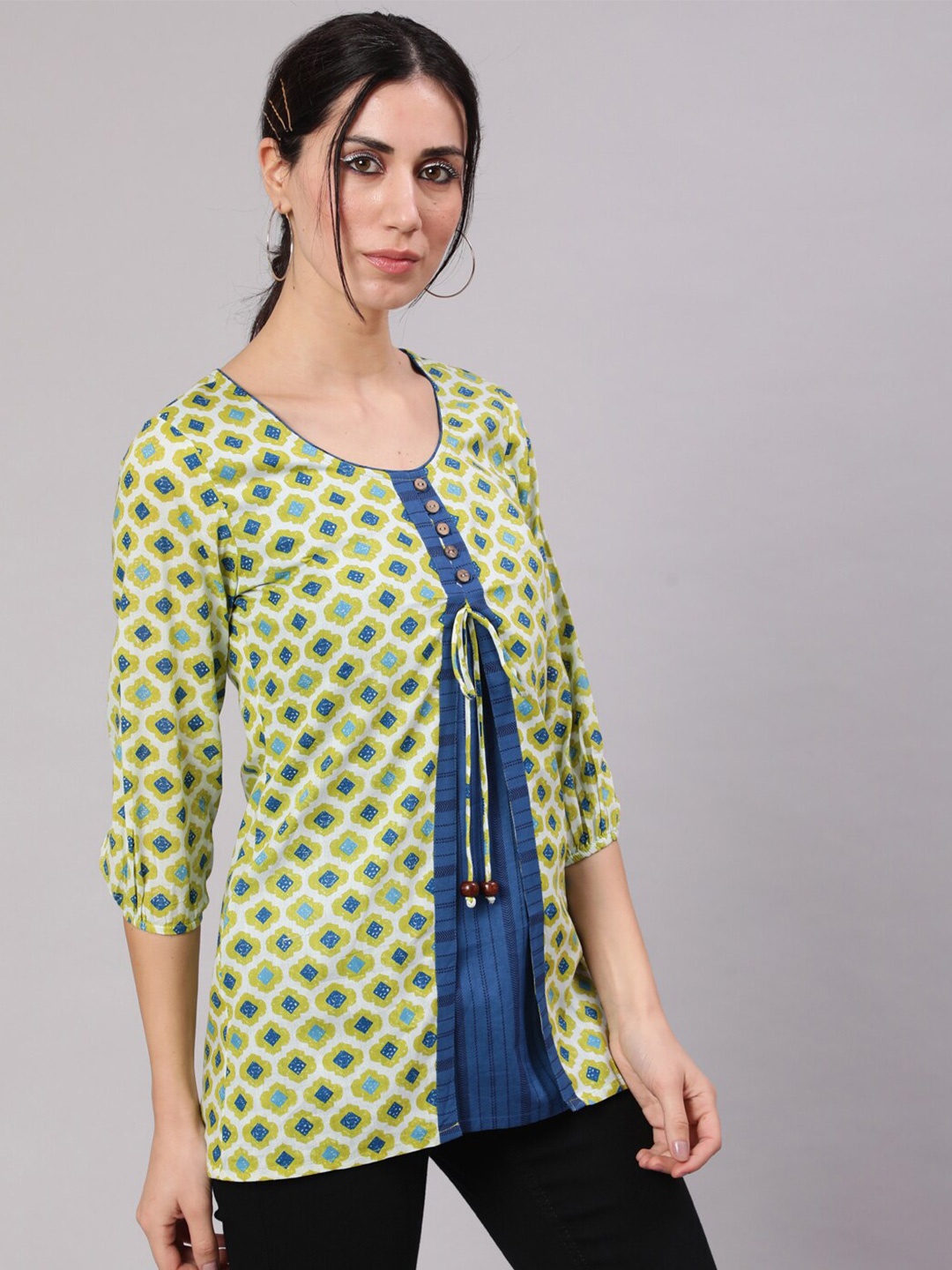 

AKS Round Neck Ethnic Motif Printed tie-Ups Cotton Tunic, Green
