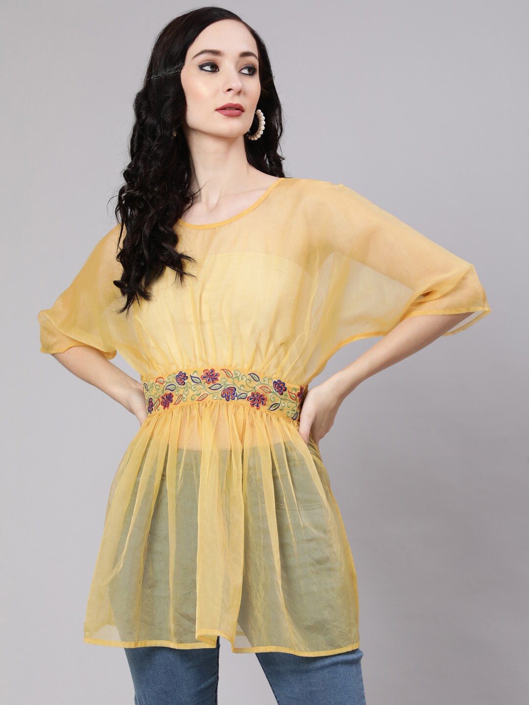 

AKS Round Neck Embroidered Gathered Extended Sleeve Tunic, Yellow