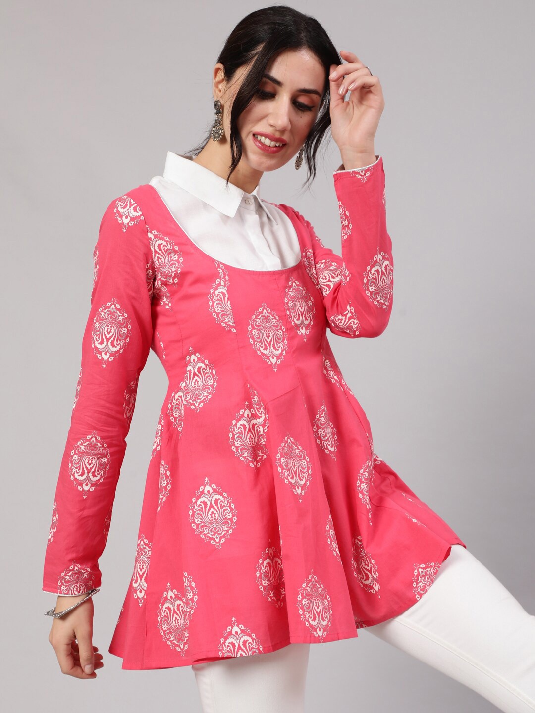 

AKS Shirt Collar Ethnic Motif Printed CottonTunic, Pink