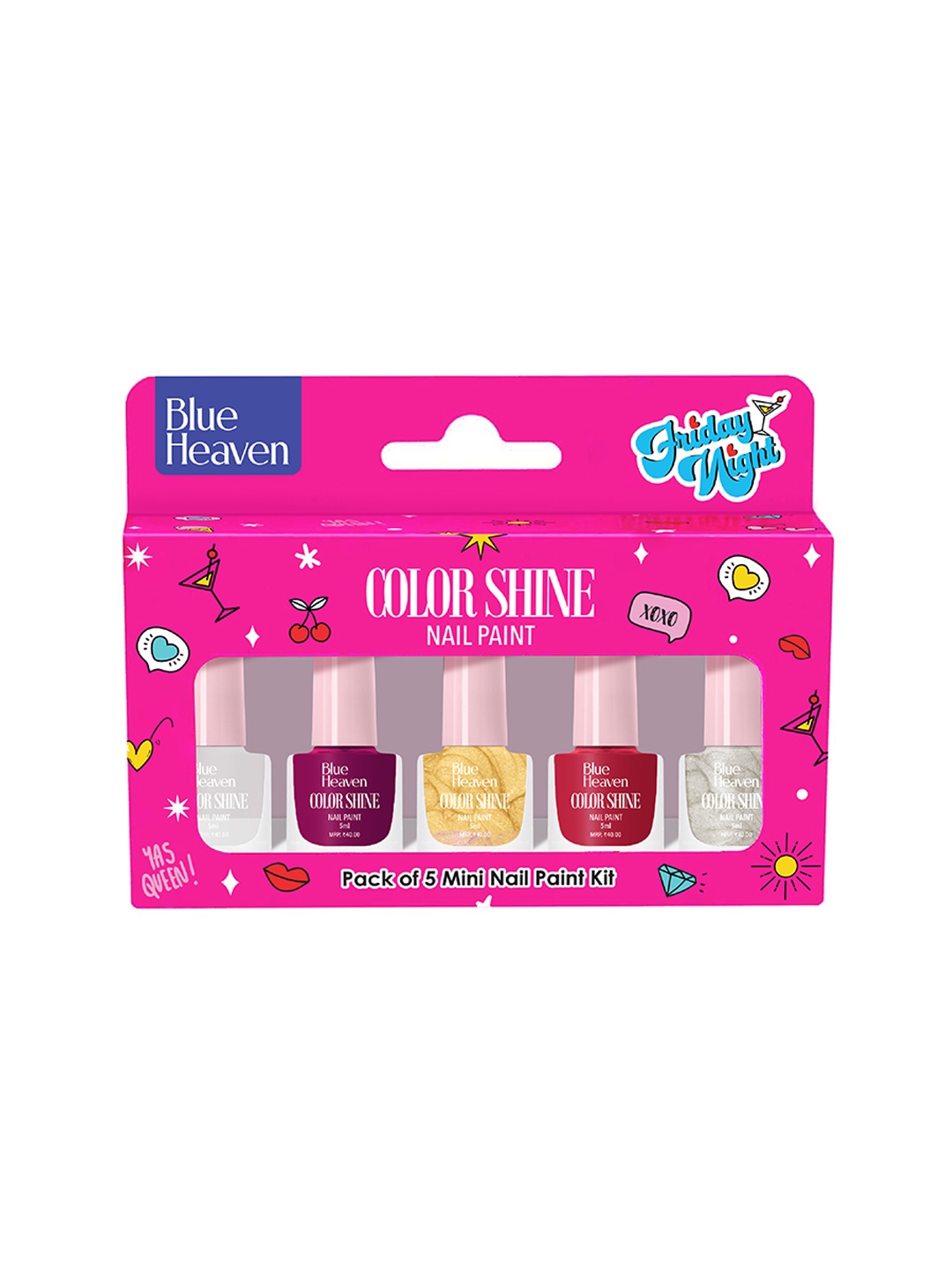 

Blue Heaven Set of 5 Color Shine Glossy Finish Nail Paints 5ml Each - Friday Night, Yellow