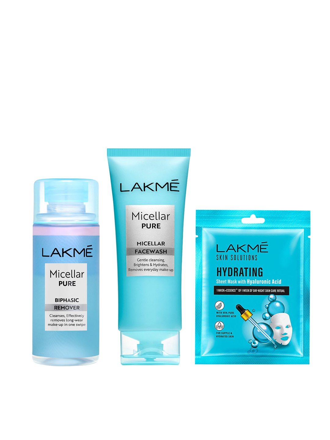 

Lakme Set of Micellar Pure Biphasic Remover 100ml+Face Wash 100g+Hydrating Sheet Mask 25ml, Blue