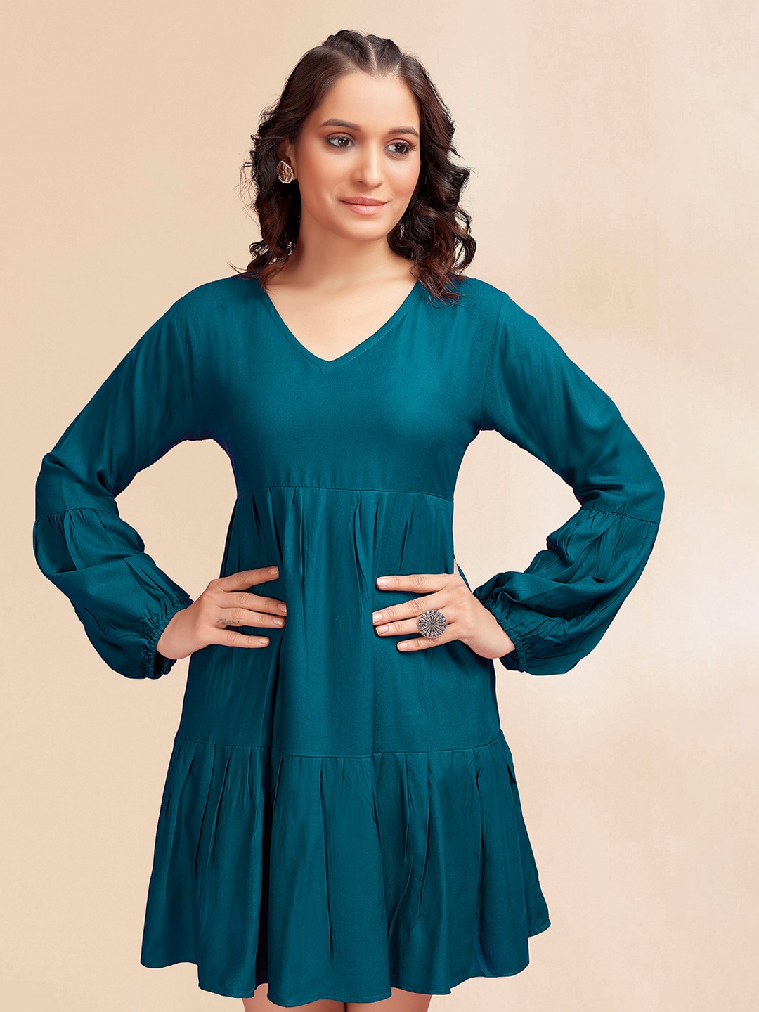 

Winza Designer V-Neck Puff Sleeves Fit & Flare Dress, Blue