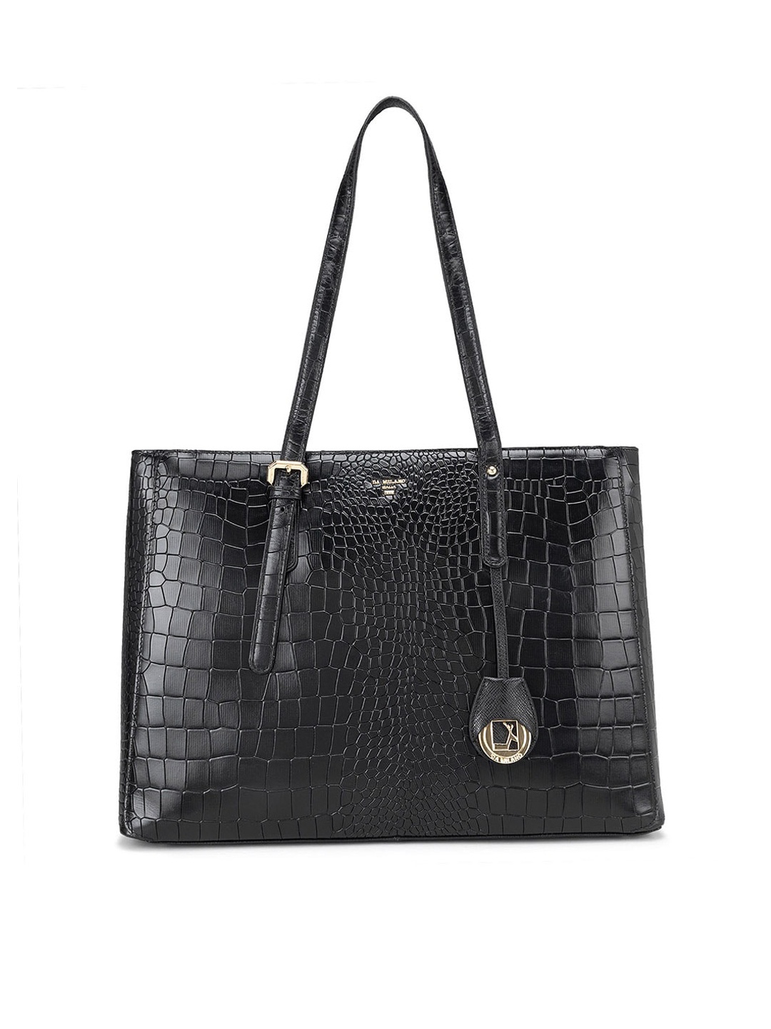 Da Milano Textured Leather Oversized Structured Shoulder Bag, Black