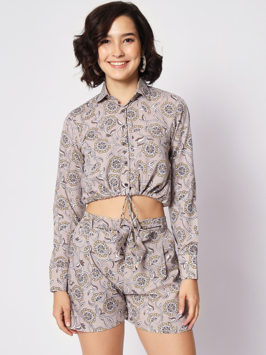 Nimayaa Floral Printed Top With Shorts, Grey