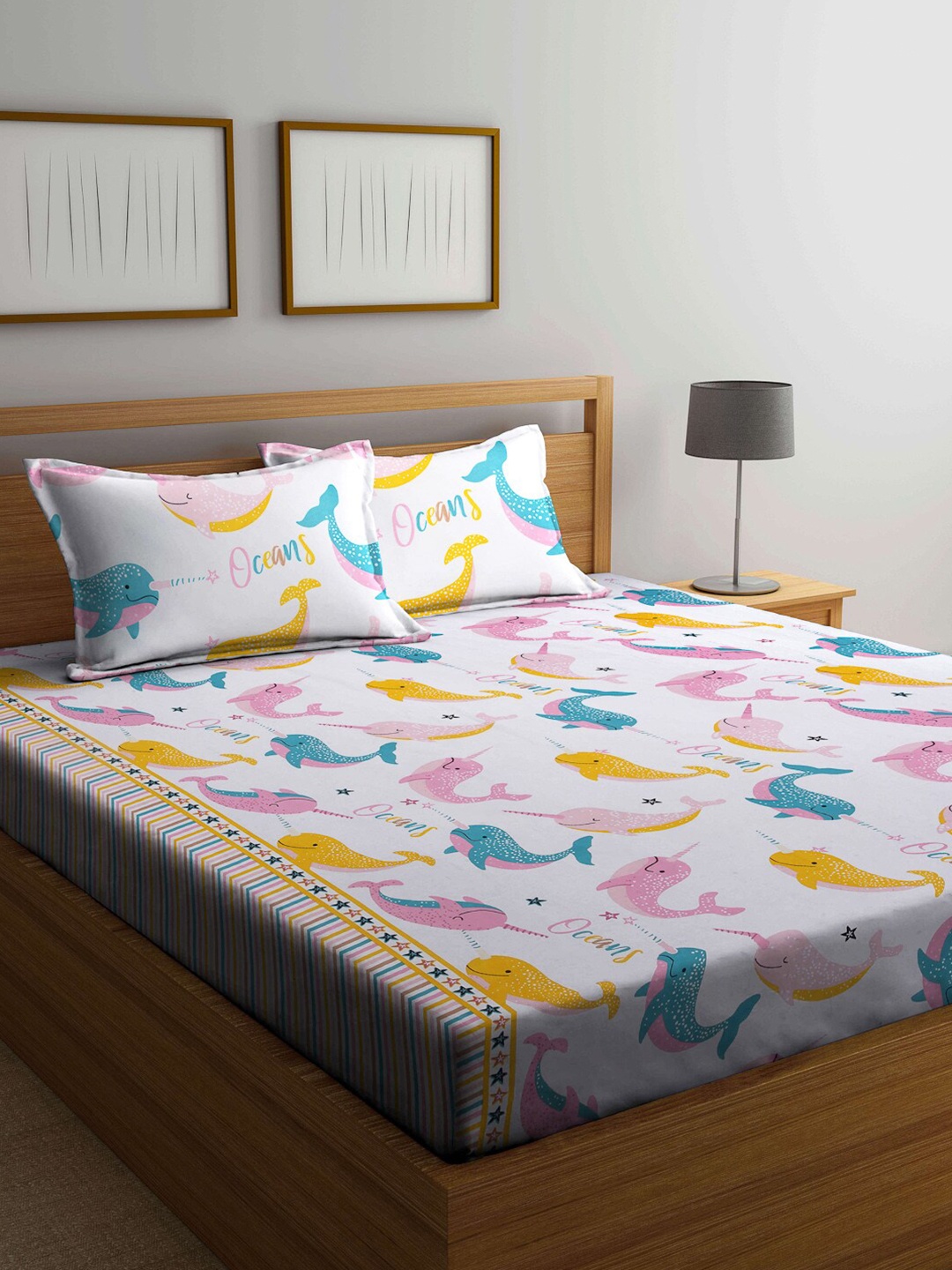 

KLOTTHE Kids White & Pink Printed 300 TC Fitted Double King Bedsheet With 2 Pillow Covers