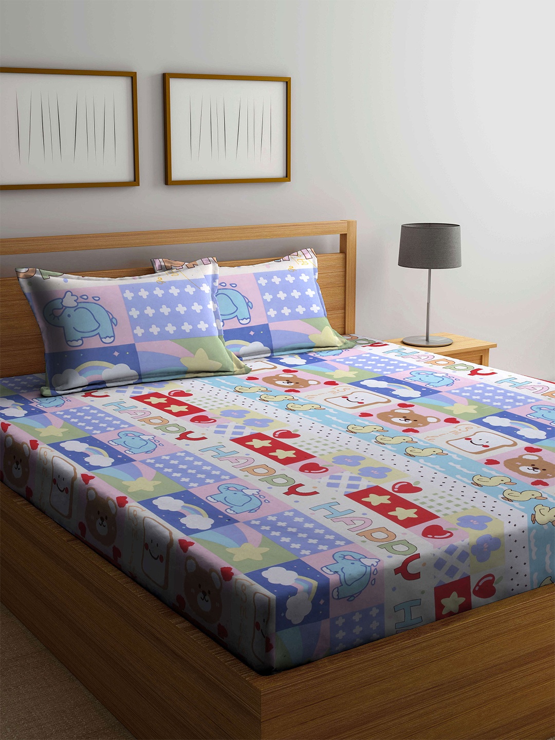 

KLOTTHE Kids Blue & Red Printed 300 TC Fitted Double King Bedsheet With 2 Pillow Covers