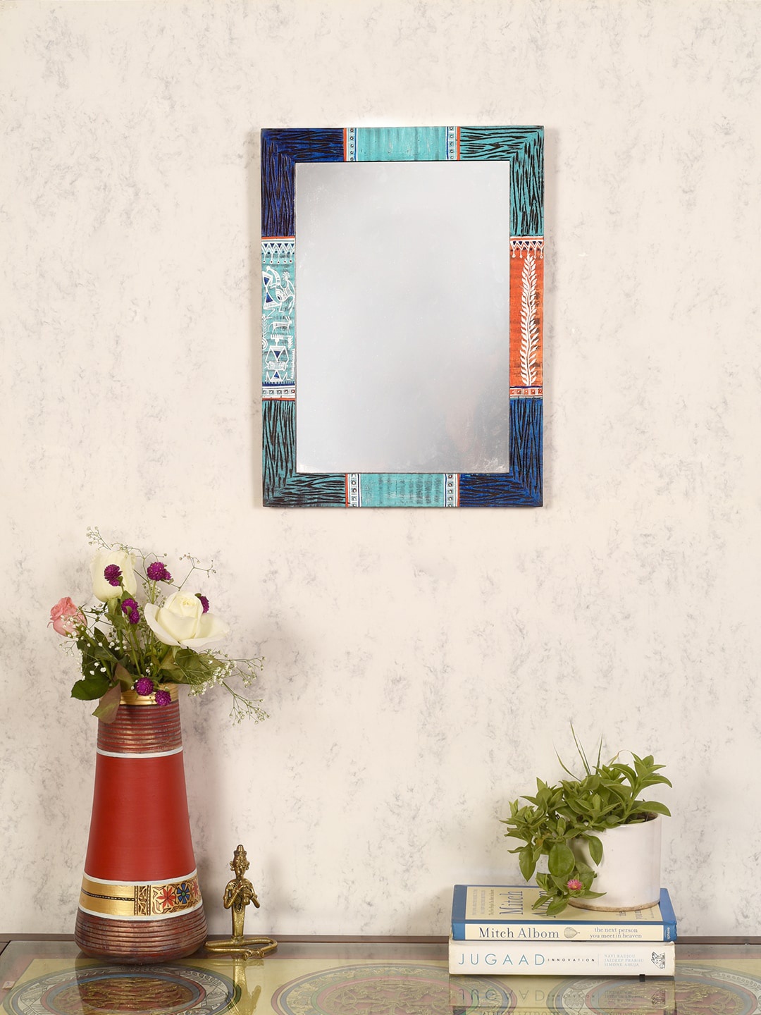 

AAKRITI ART CREATIONS Blue Wood Textured Cultural Reflections Mirror