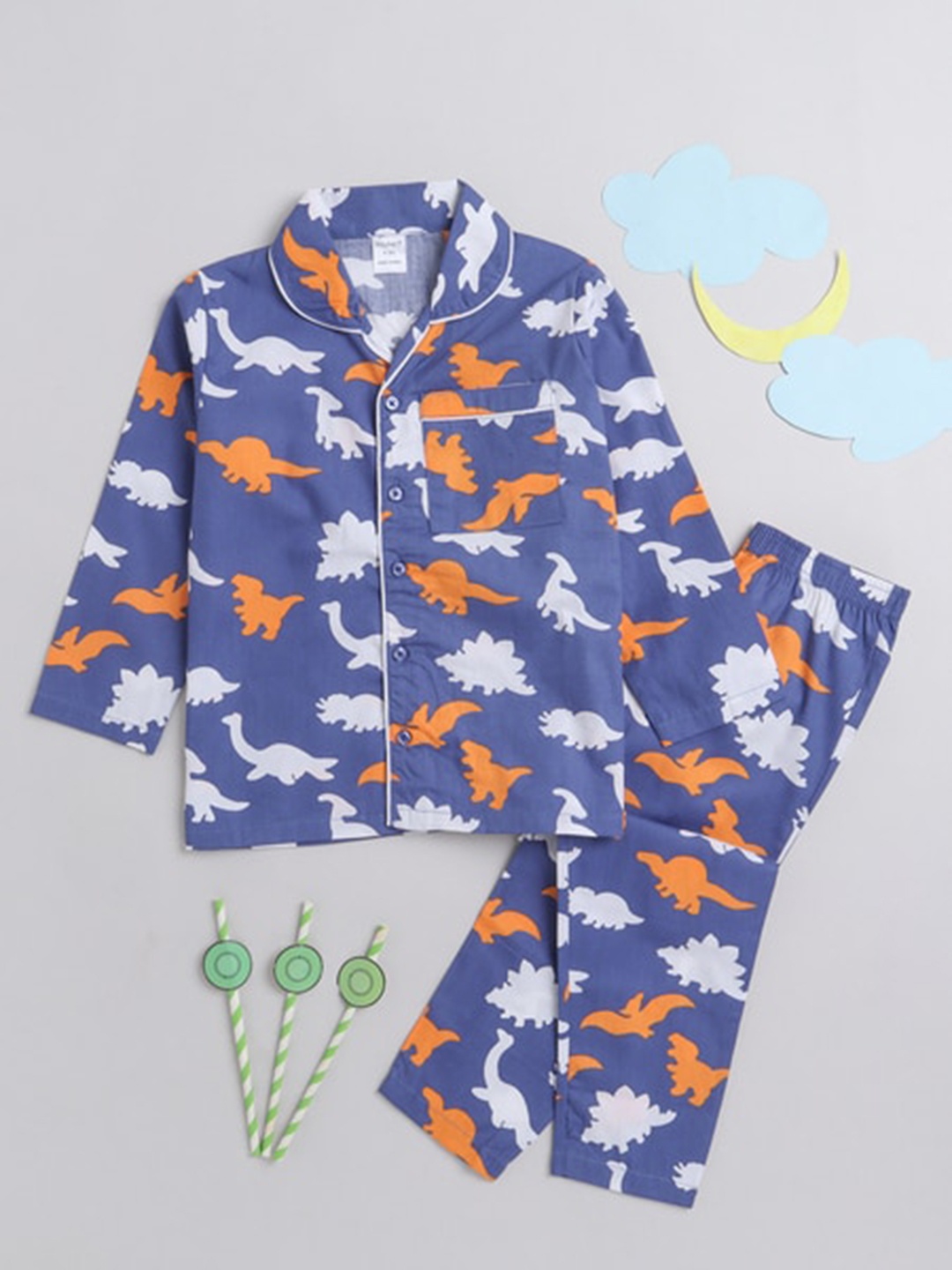 

MANET Boys Conversational Printed Pure Cotton Night suit, Blue