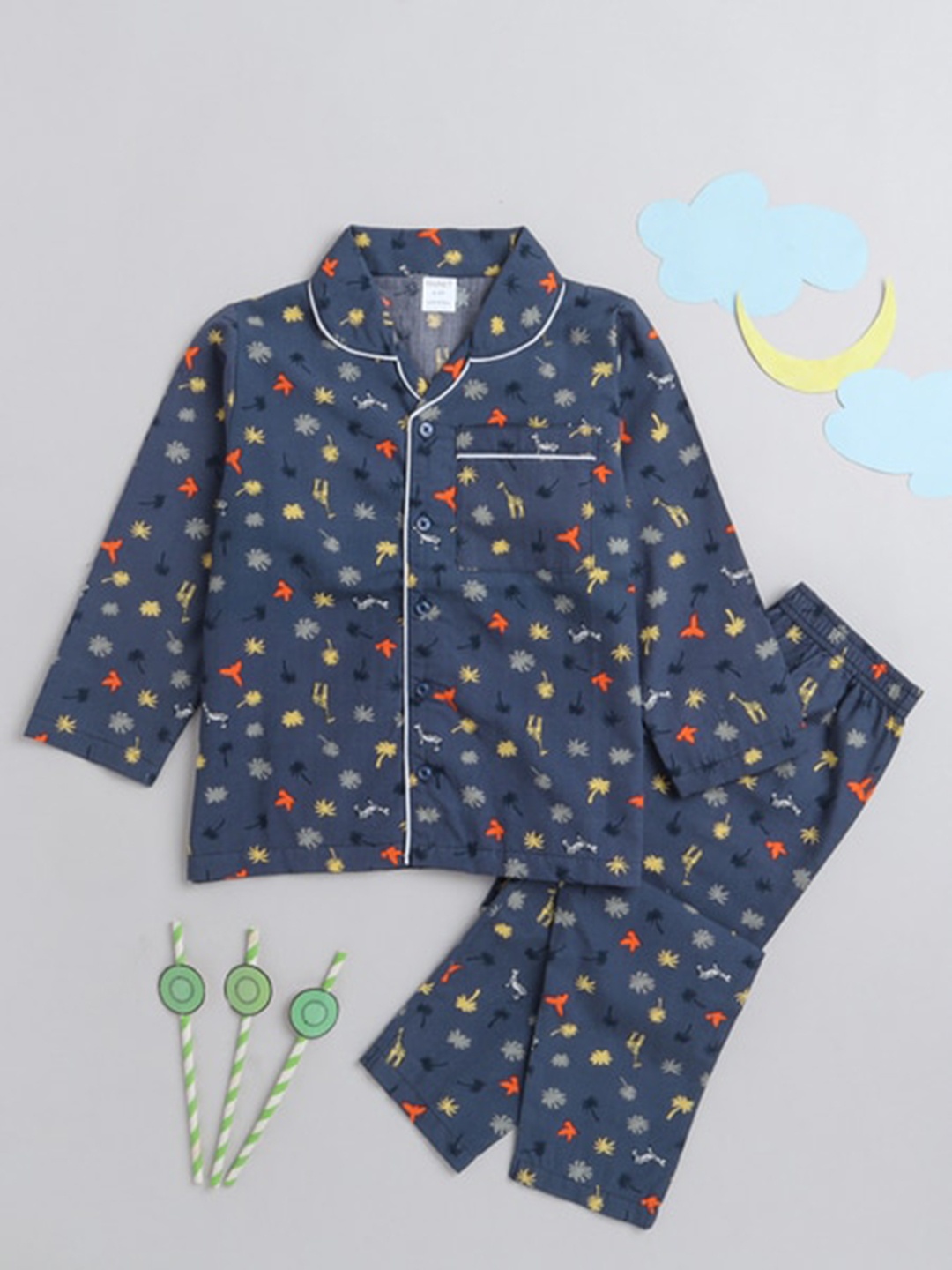 

MANET Boys Conversational Printed Lapel Collar Night suit, Blue