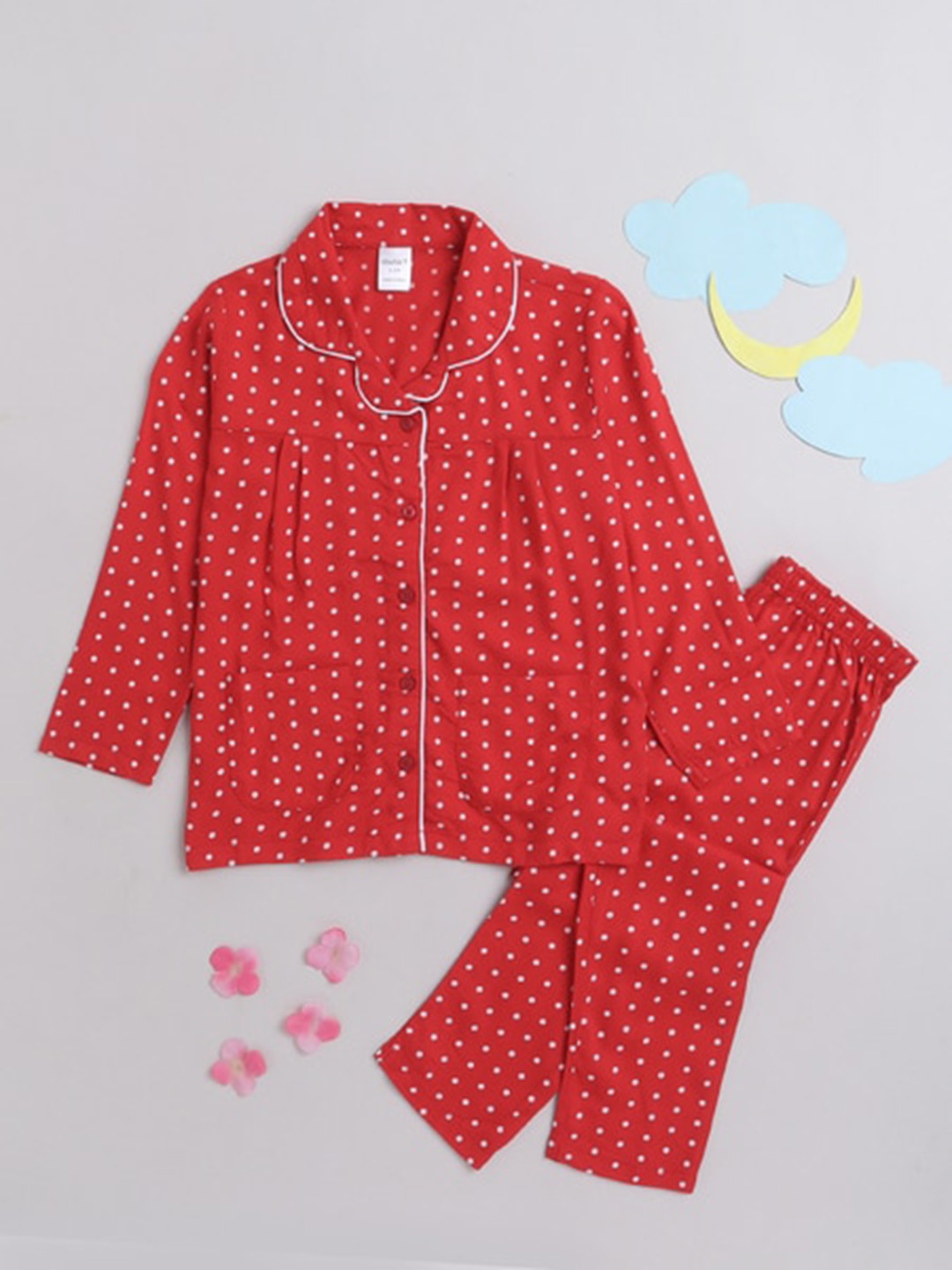 

MANET Girls Polka Dots Printed Pure Cotton Night suit, Red