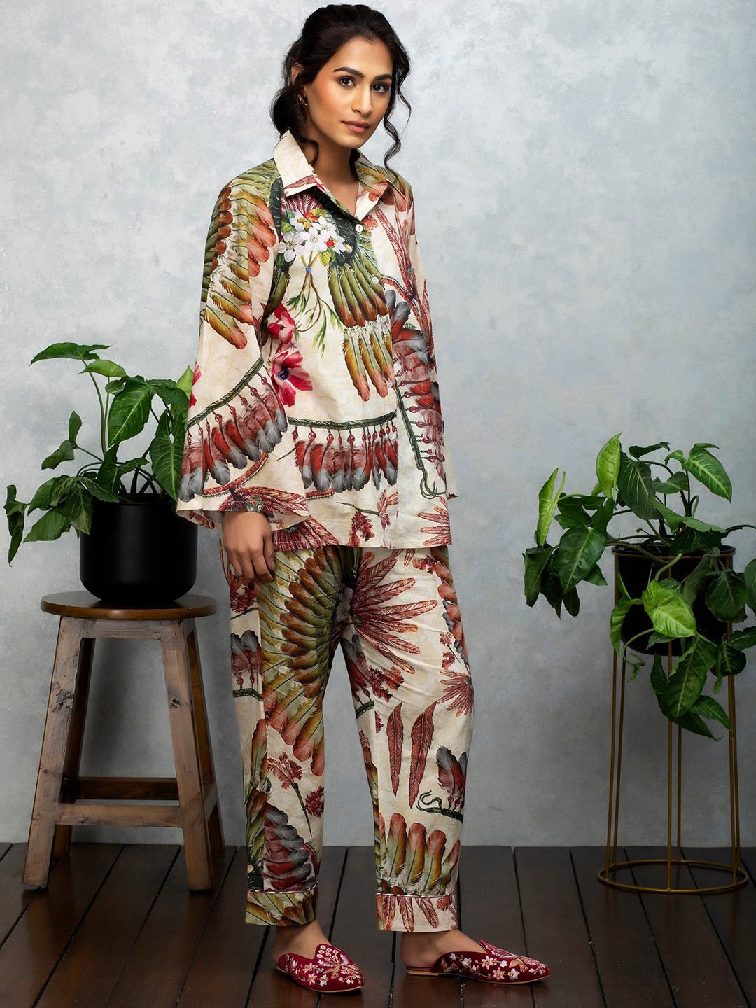 

Rhe-Ana Floral Printed Pure Cotton Shirt & Trousers Co-Ords, Beige