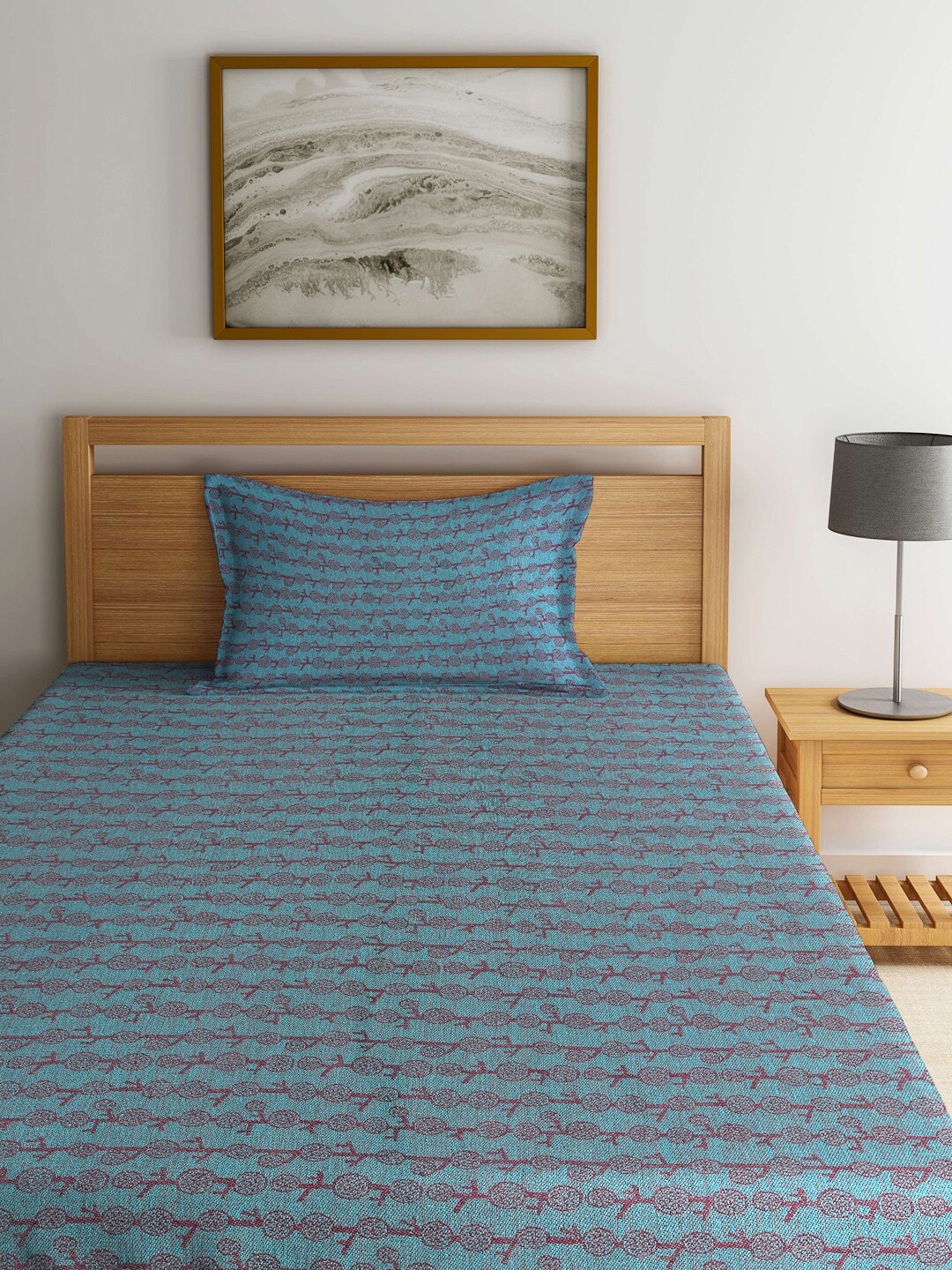 

KLOTTHE Blue Woven Design Pure Cotton 380 TC Single Bedsheet With 1 Pillow Cover