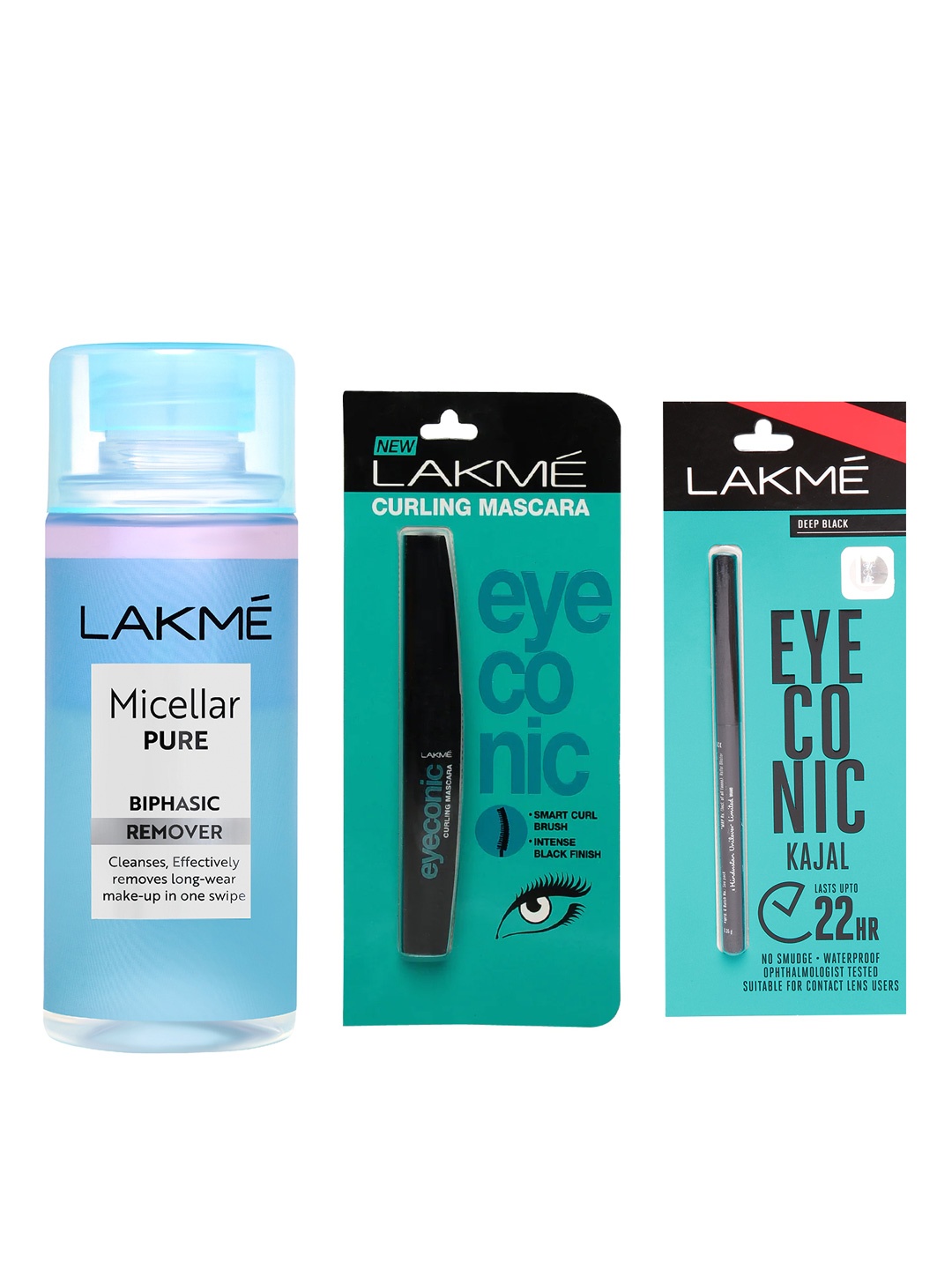 

Lakme Pure Biphasic Remover+Eyeconic Curling Mascara-Black+Eyeconic Kajal-Deep Black