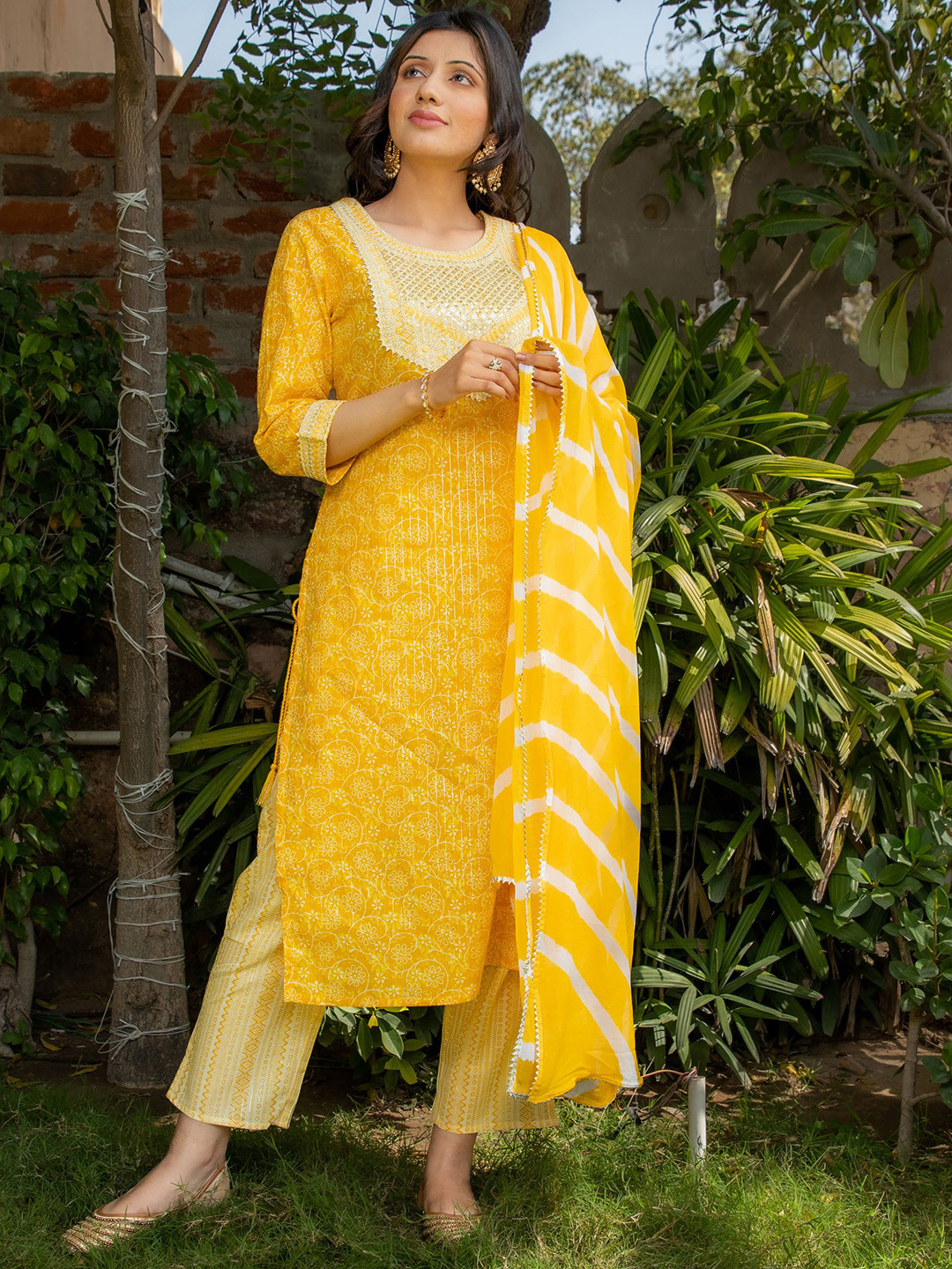 

METRO-FASHION Floral Printed Sequinned Pure Cotton Kurta With Trousers & Dupatta, Yellow