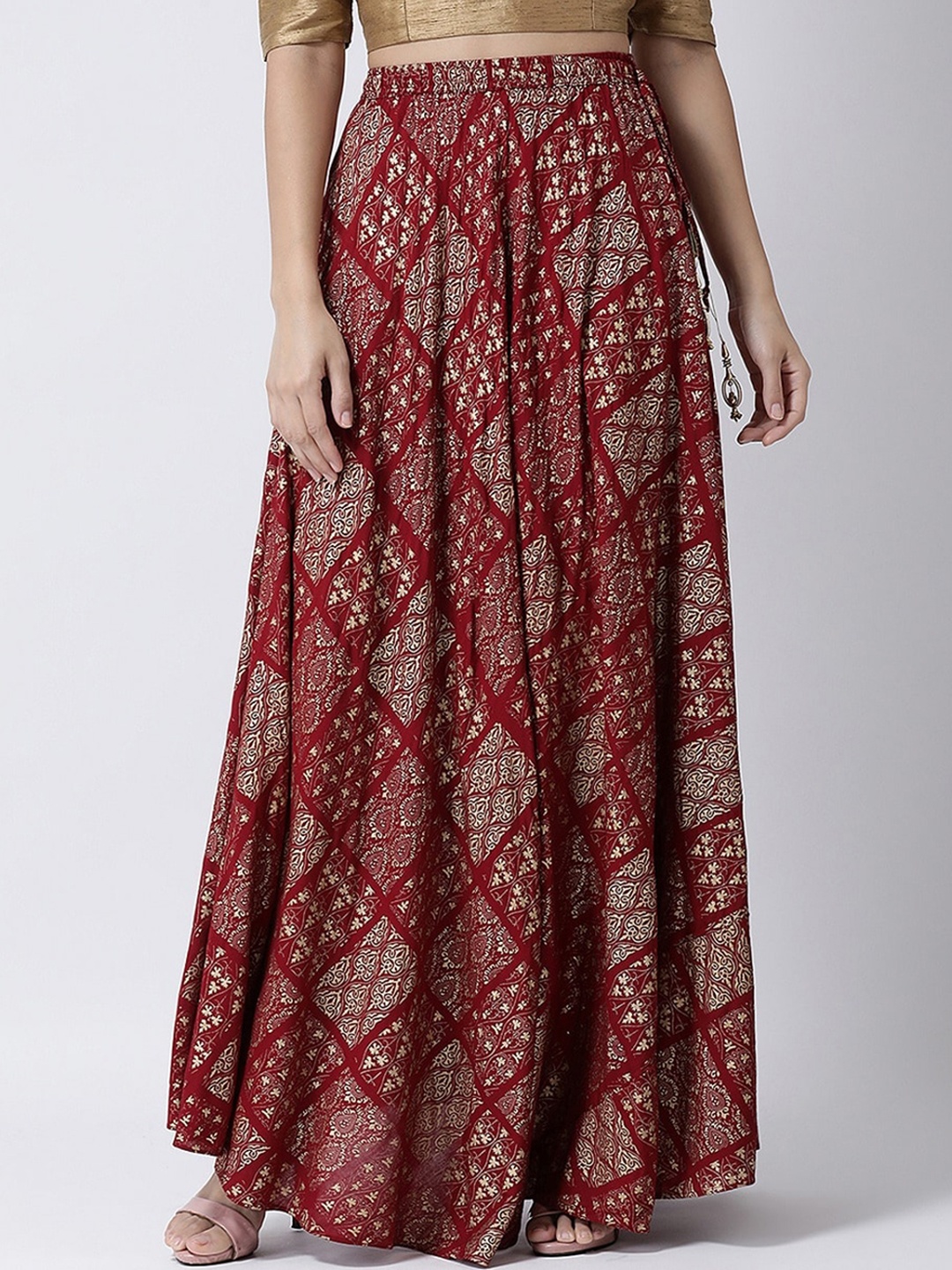 

Charitra Ethnic Motifs Block Printed Flared Maxi Skirt, Maroon