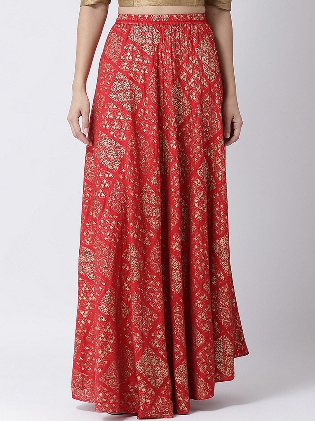 

Charitra Ethnic Motifs Block Printed Flared Maxi Skirt, Red