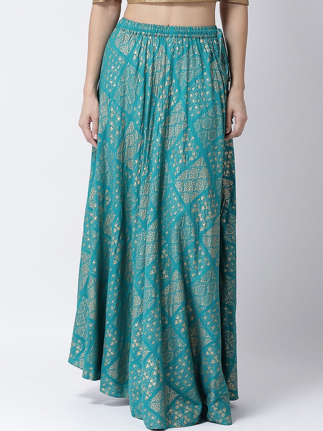 

Charitra Ethnic Motifs Block Printed Flared Maxi Skirt, Turquoise blue
