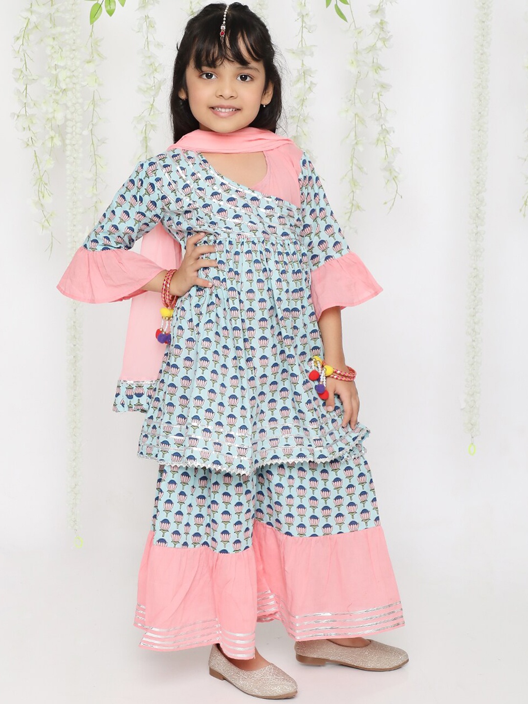 

KID1 Girls Floral Printed Angrakha Gotta Patti Pure Cotton Kurti With Sharara & Dupatta, Turquoise blue